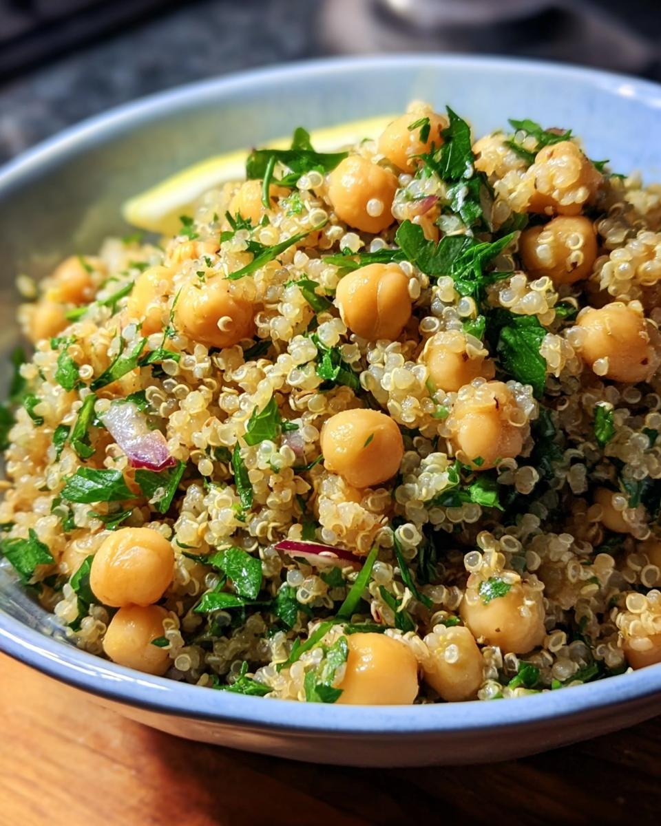 Bowl of Lemon Herb Quinoa Chickpeas salad, garnished with fresh parsley and a lemon wedge.