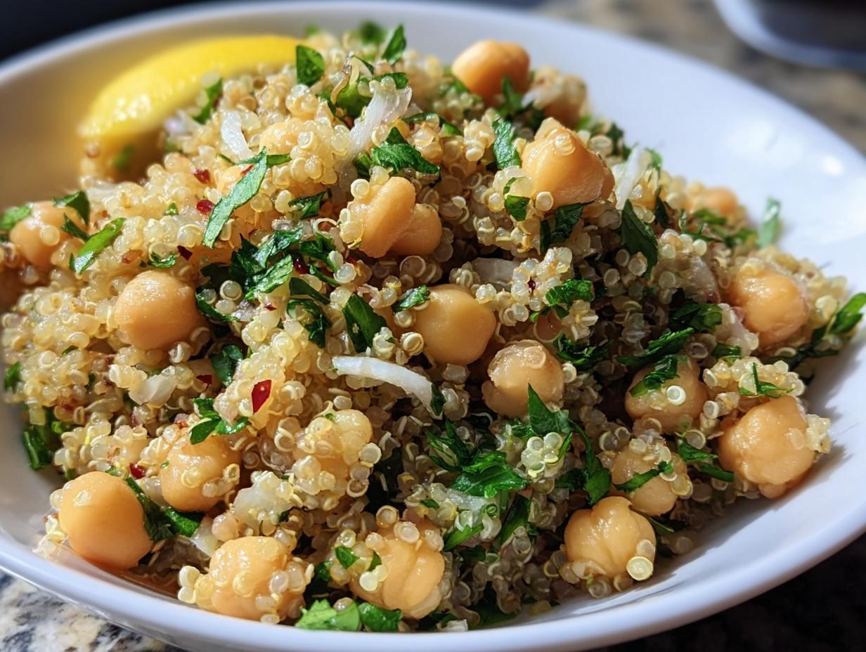 A bowl of Lemon Herb Quinoa Chickpeas, garnished with fresh herbs and a lemon wedge.