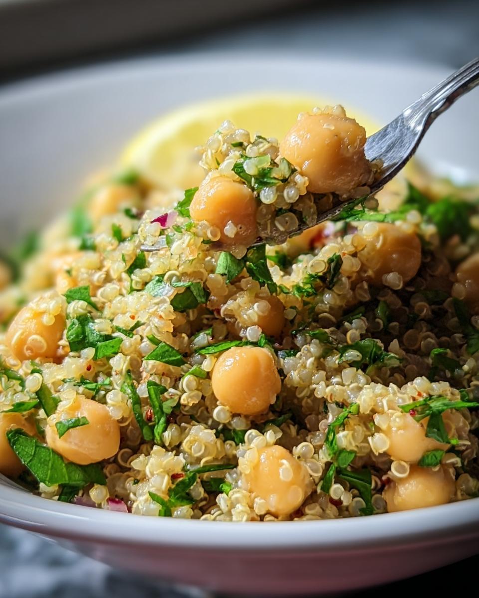 Close-up of Lemon Herb Quinoa Chickpeas on a fork, showcasing the fresh herbs and lemon.