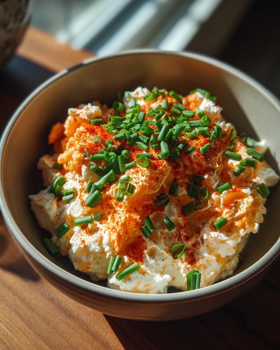Bowl of creamy topping for Lobster Ravioli, sprinkled with paprika and fresh chives.
