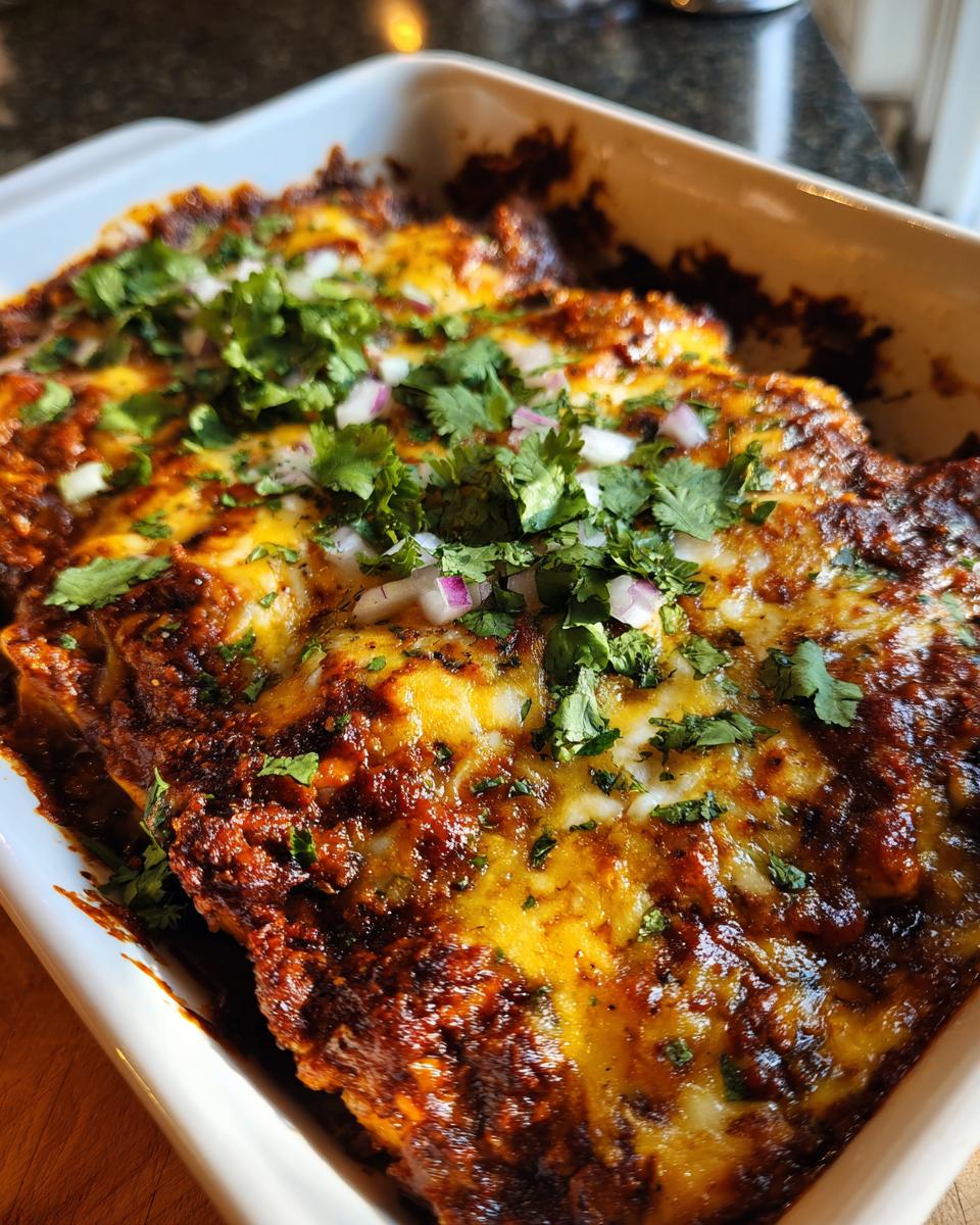 Close-up of a baked low-carb oven dish topped with melted cheese, cilantro, and red onions in a white casserole dish.