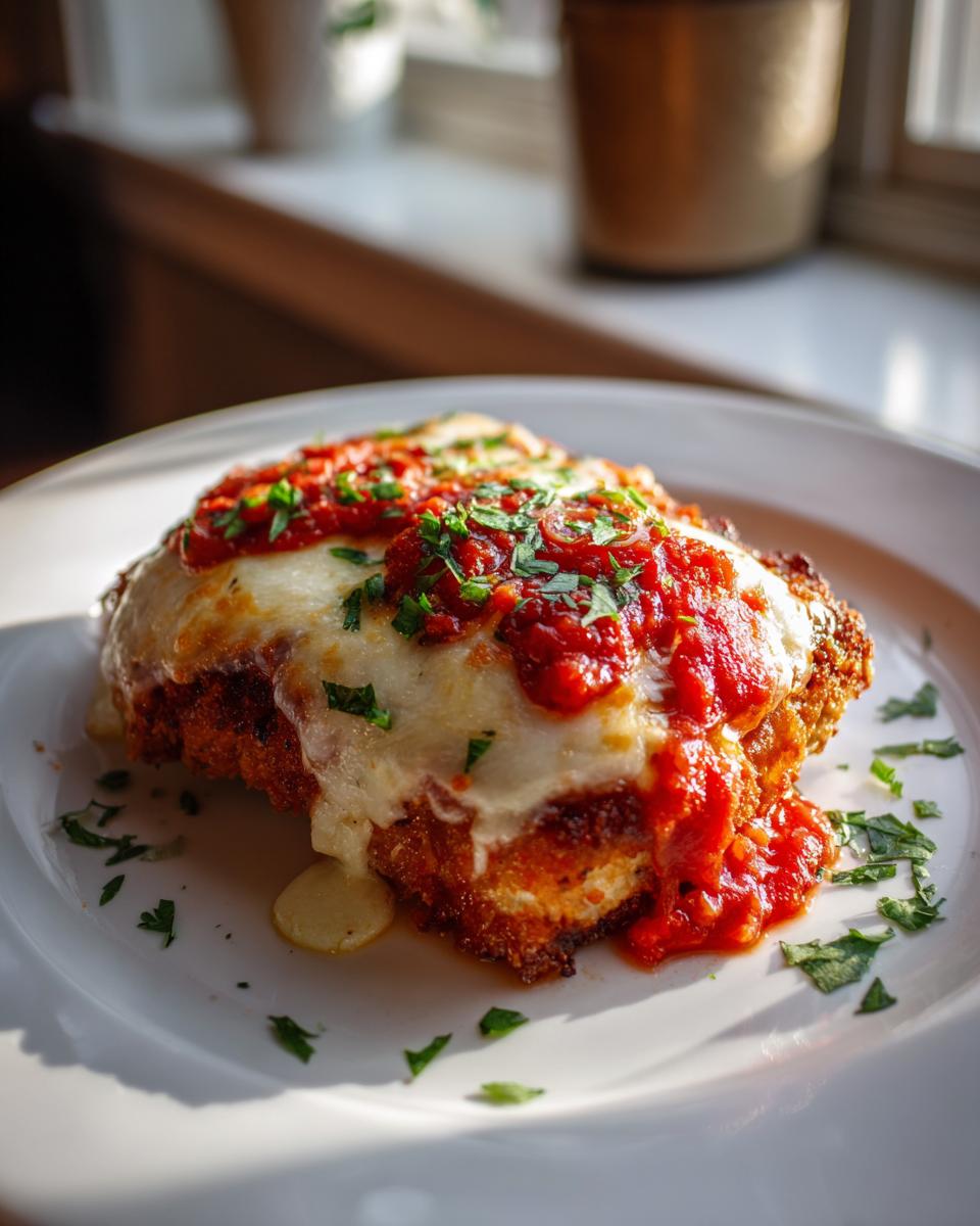 A close-up of a Low-Carb Oven Dish Recipe topped with melted cheese, tomato sauce, and fresh herbs on a white plate.