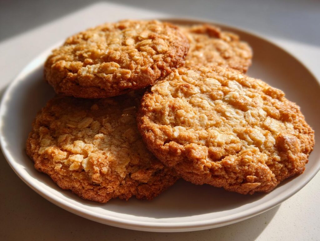 A plate of golden brown Low Sugar Oatmeal Cookies, showcasing their texture and inviting appearance.