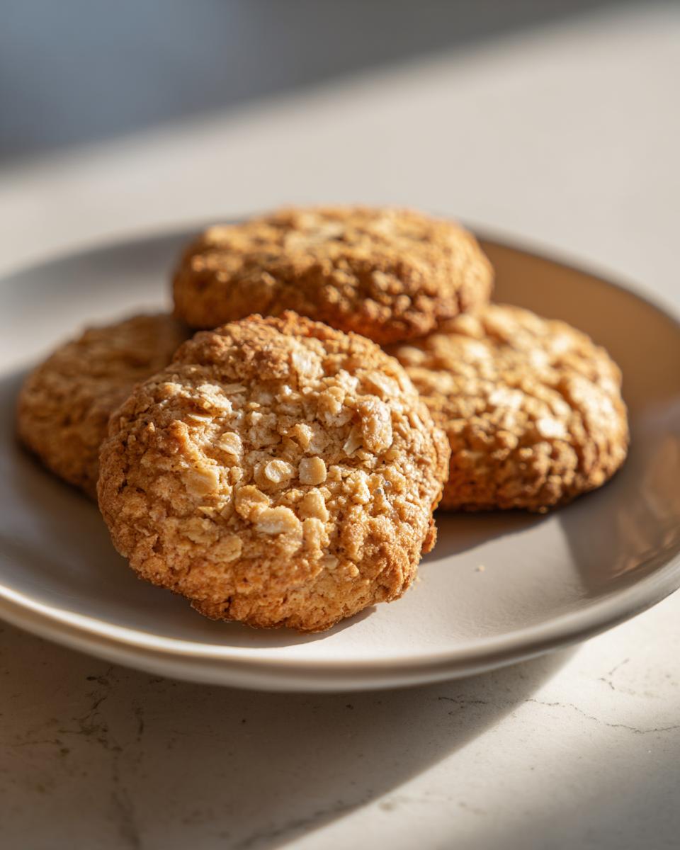 A plate of freshly baked Low Sugar Oatmeal Cookies, golden brown and ready to eat.