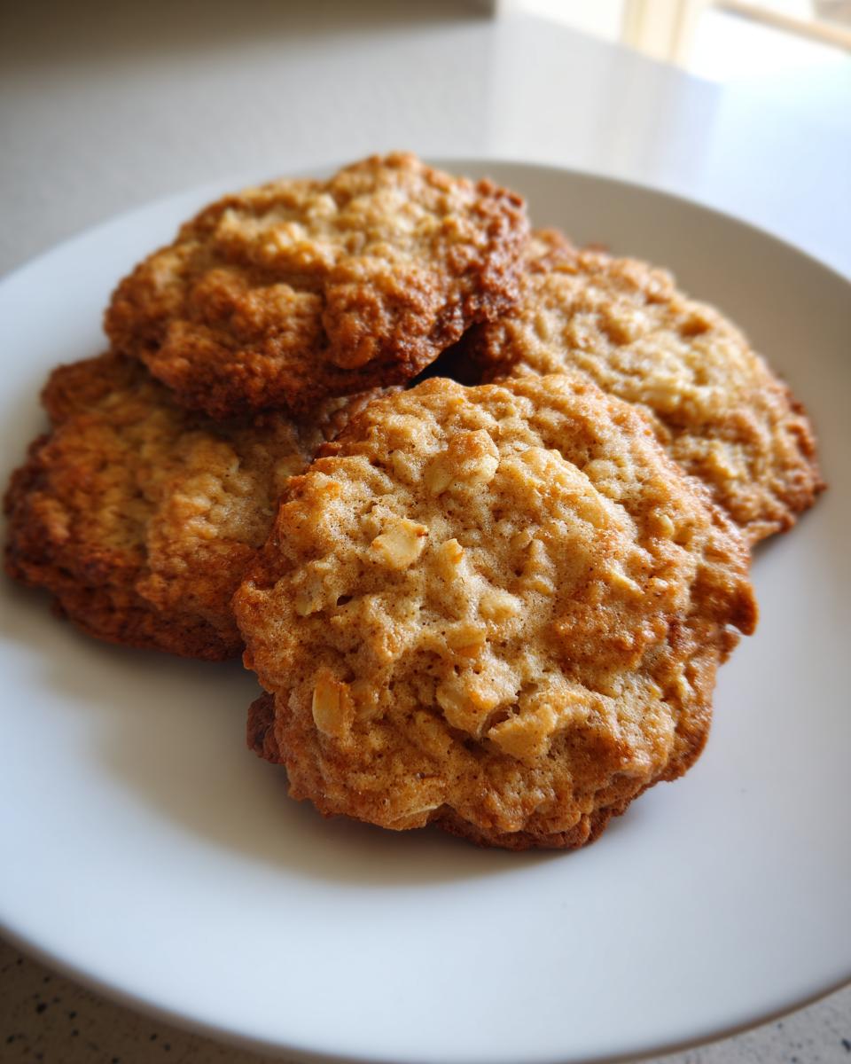 A plate of freshly baked Low Sugar Oatmeal Cookies, golden brown and slightly crisp.