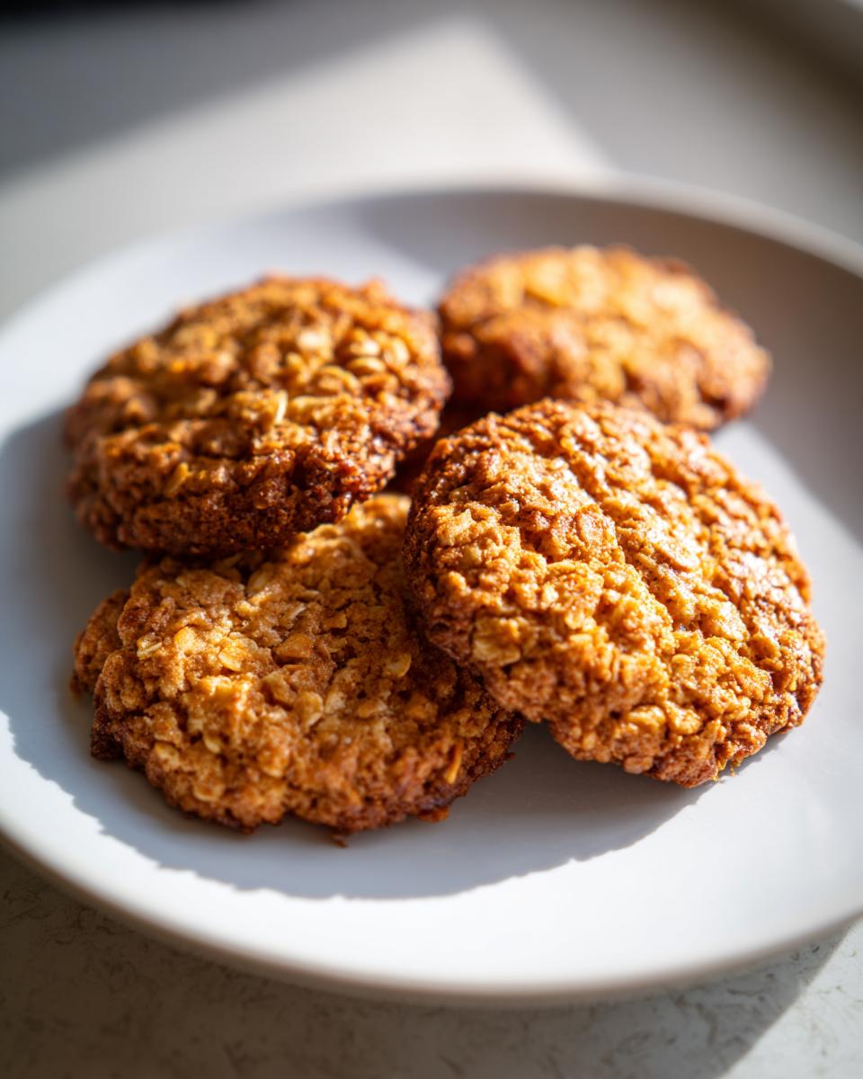 Four freshly baked Low Sugar Oatmeal Cookies are arranged on a white plate, showcasing their golden-brown texture.