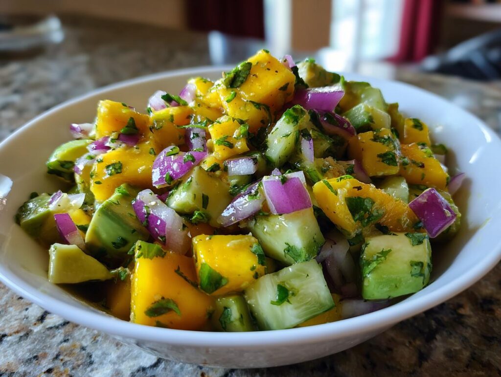 A vibrant bowl of Mango Cucumber Salad with Avocado, featuring diced mango, cucumber, red onion, and avocado.