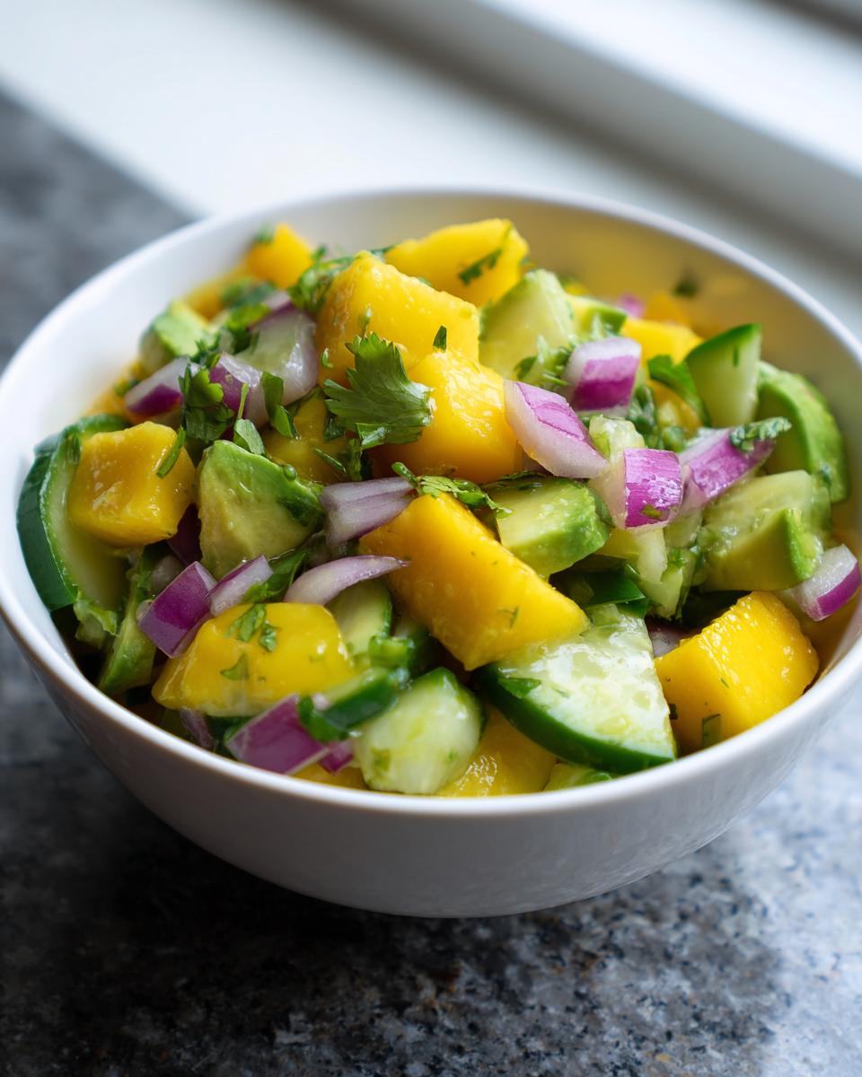 A colorful bowl of Mango Cucumber Salad with Avocado, featuring mango, cucumber, red onion, and cilantro.