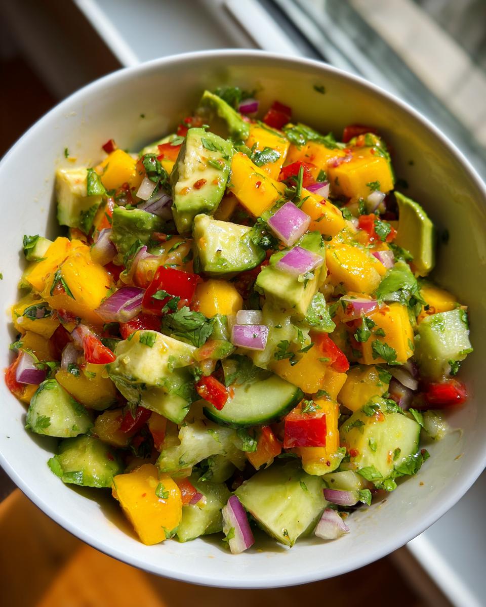 A vibrant bowl of Mango Cucumber Salad with Avocado, featuring mango, cucumber, red onion, and herbs.