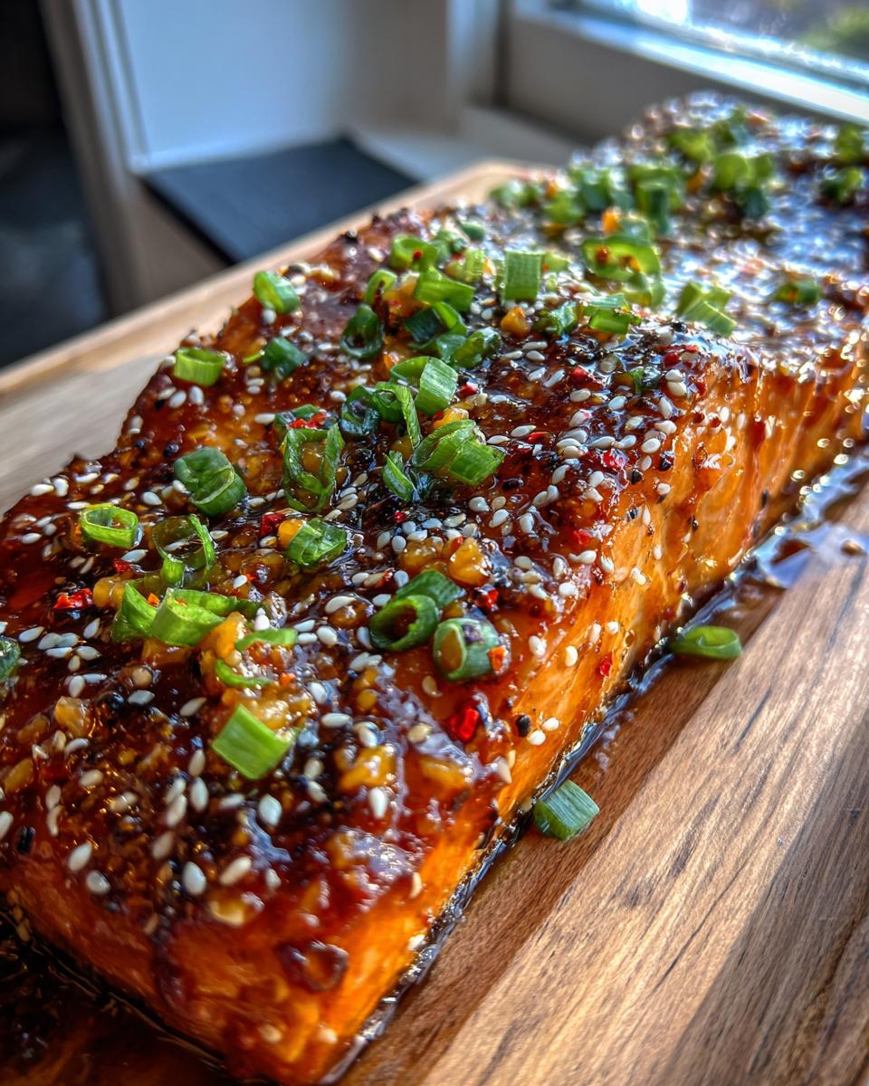 Close-up of Mango Teriyaki Salmon fillet, glazed and garnished with sesame seeds and green onions.