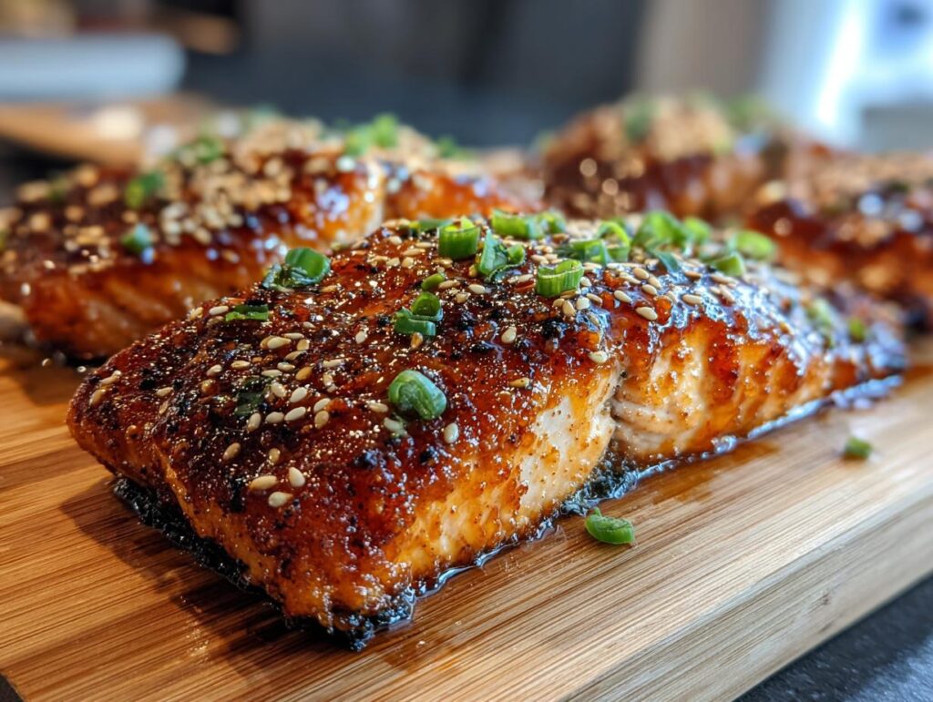 Close-up of Mango Teriyaki Salmon fillets, garnished with sesame seeds and green onions on a wooden board.