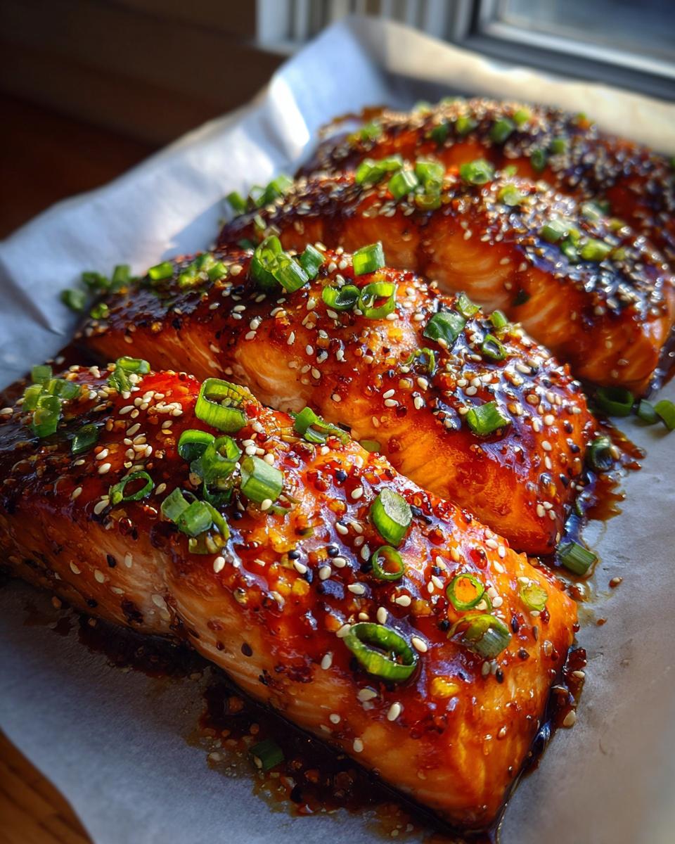 Three fillets of Mango Teriyaki Salmon, glazed and garnished with sesame seeds and green onions.