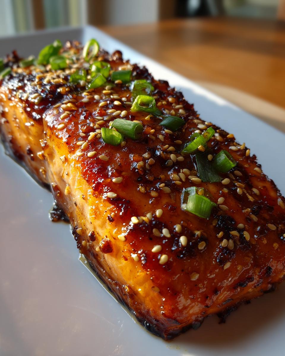 A perfectly glazed Mango Teriyaki Salmon fillet, garnished with sesame seeds and green onions.