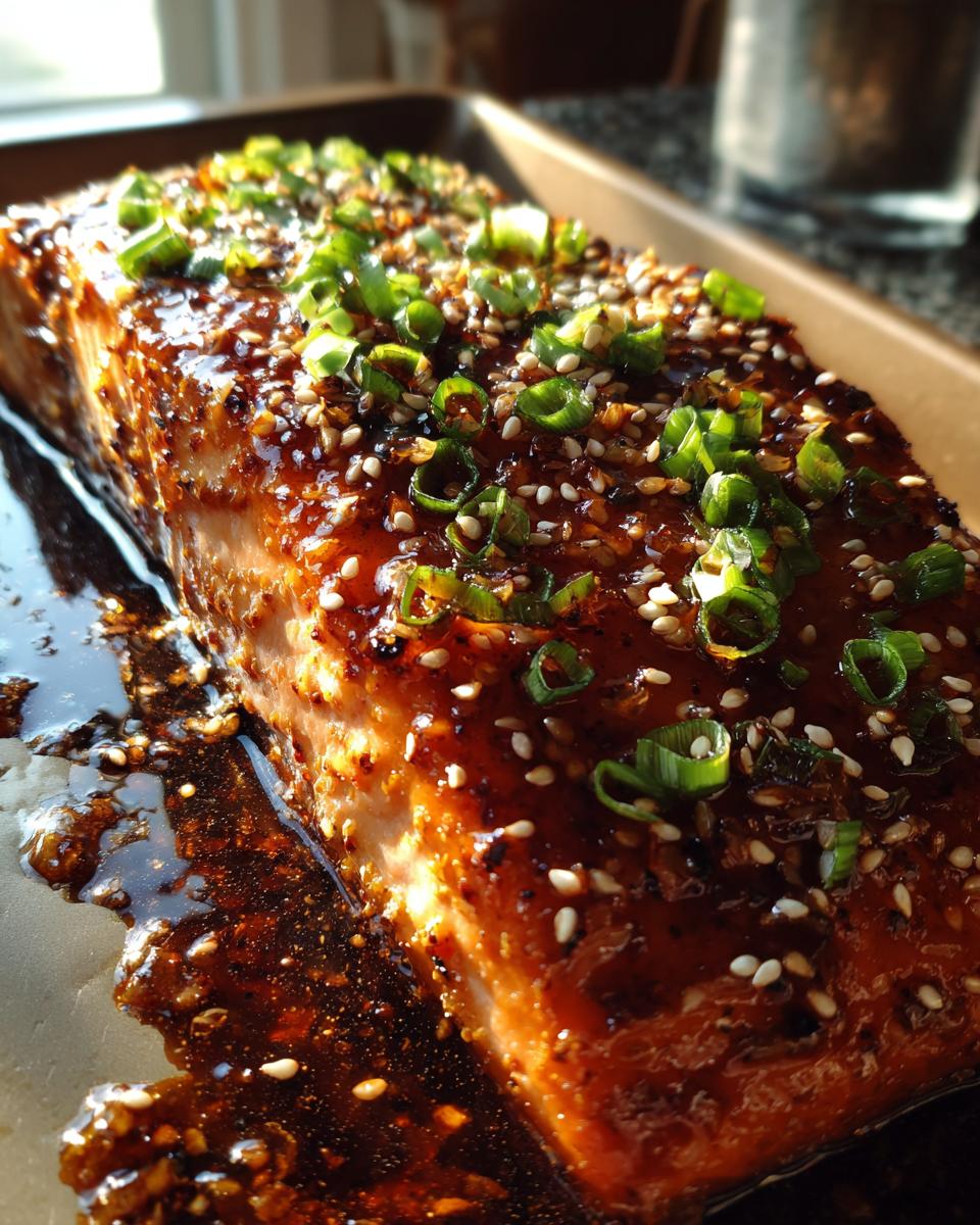 Close-up of Mango Teriyaki Salmon, glazed and topped with sesame seeds and green onions.