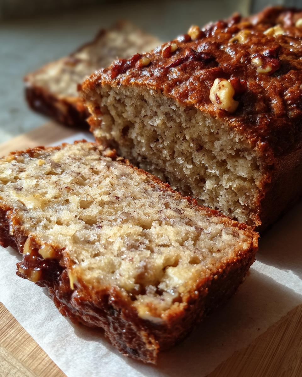 A slice of delicious Maple-Bourbon Banana Bread with walnuts on a wooden board.