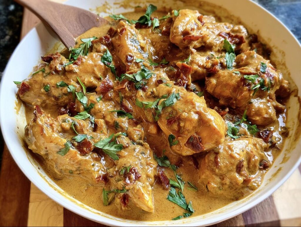 Delicious Marry Me Chicken in a creamy sauce, garnished with sun-dried tomatoes and parsley in a white bowl.