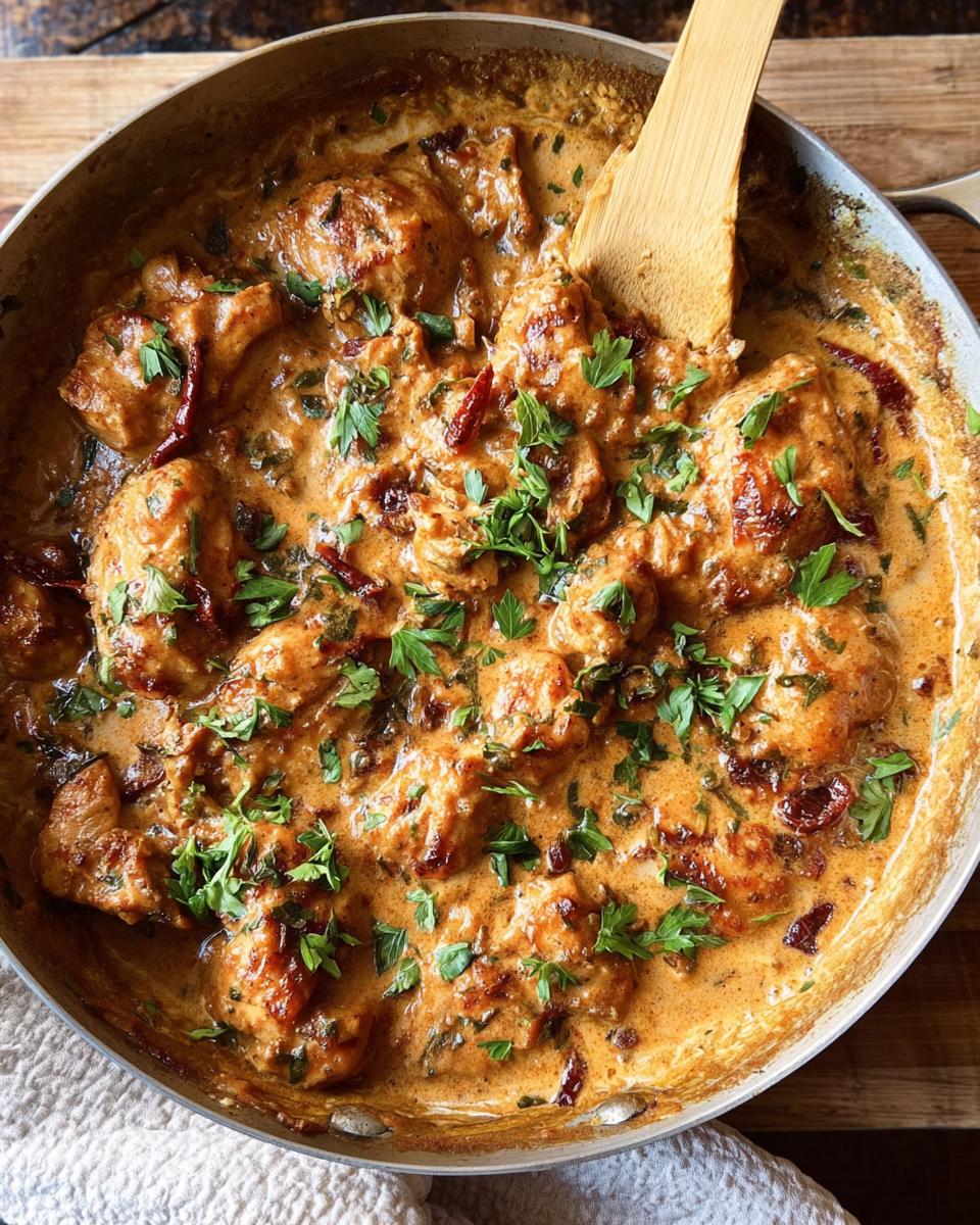 Overhead view of Marry Me Chicken in a skillet, featuring a creamy sauce, sun-dried tomatoes, and fresh herbs.