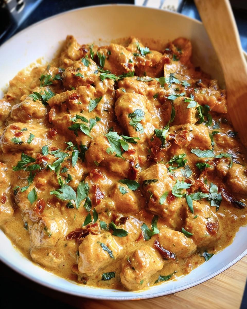 Close-up of Marry Me Chicken in a creamy sauce, garnished with parsley and sun-dried tomatoes.