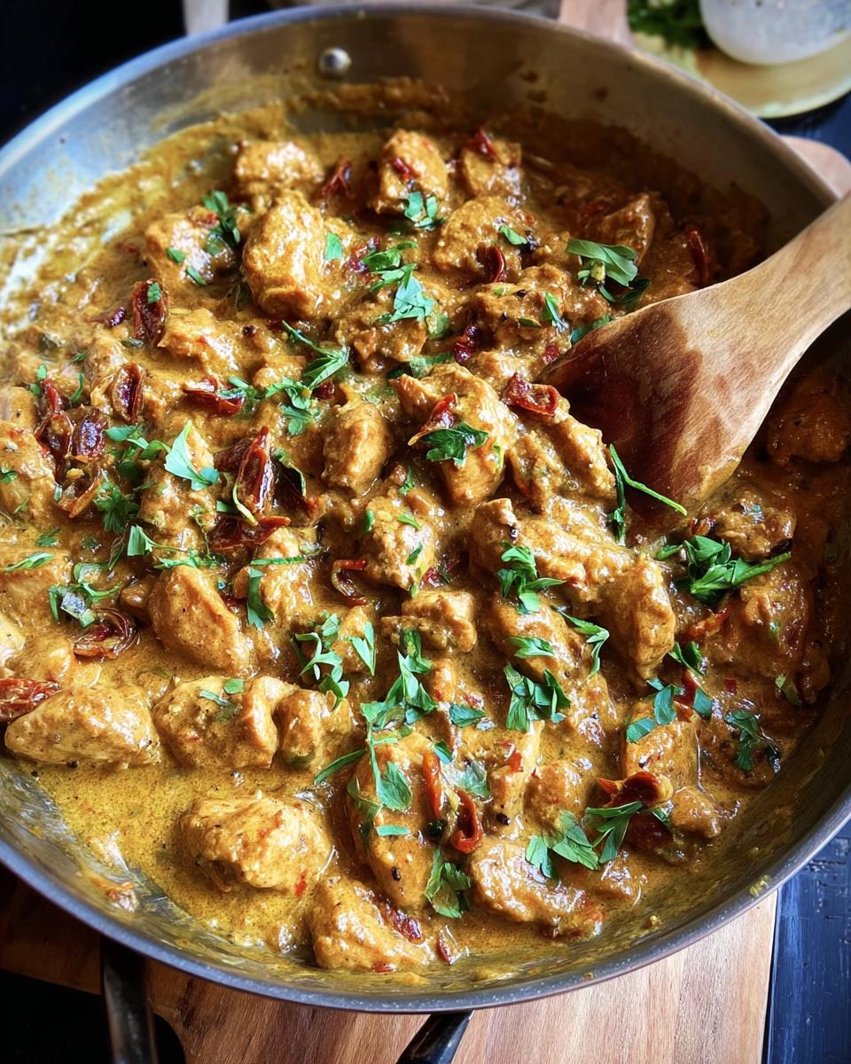 Close-up of creamy Marry Me Chicken in a pan, garnished with fresh parsley and sun-dried tomatoes.
