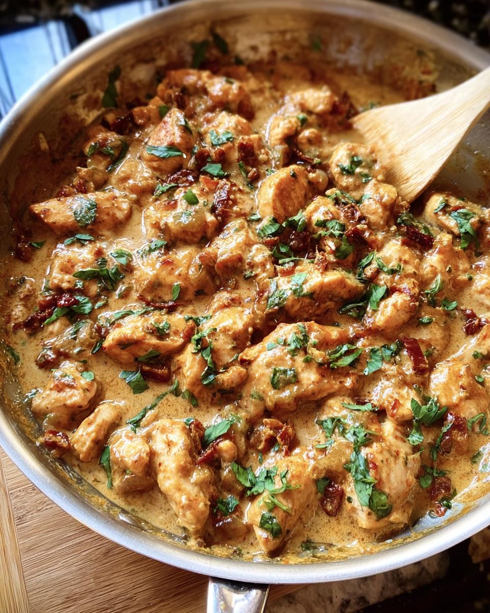 Marry Me Chicken cooking in a pan, featuring chicken pieces, creamy sauce, sun-dried tomatoes, and fresh herbs.