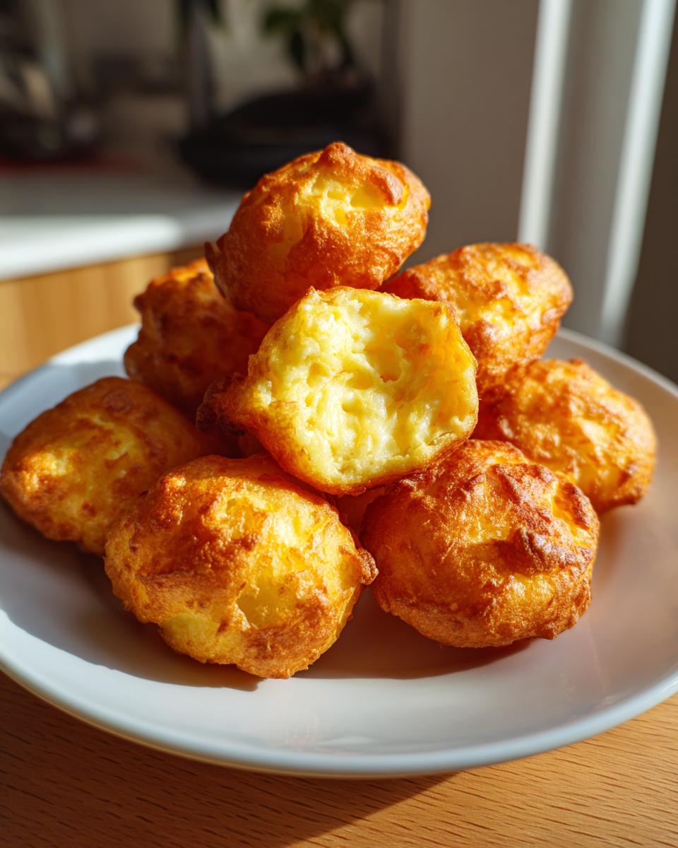 A stack of golden brown Mashed Potato Puff Bites on a white plate, one bite taken out to show the fluffy inside.