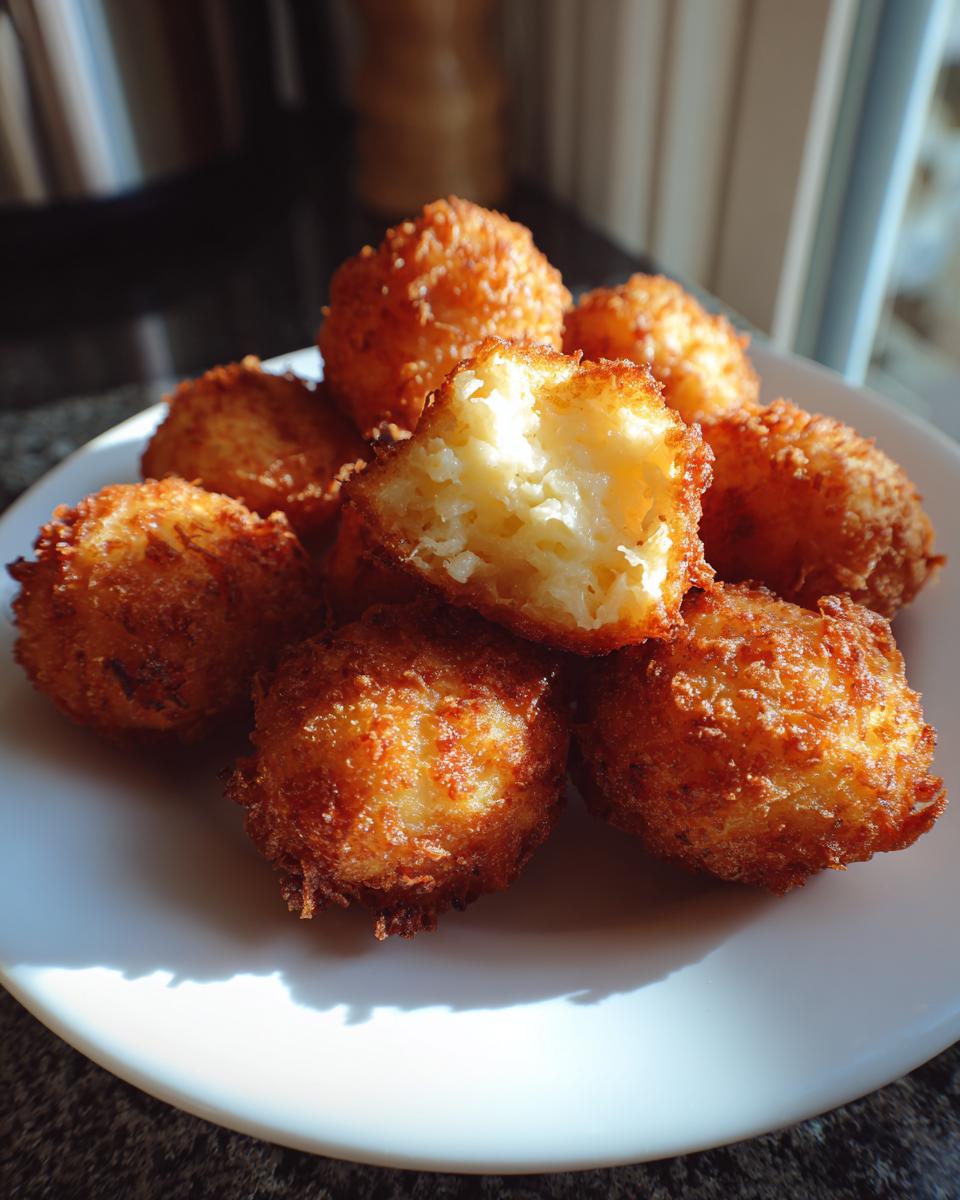 A plate of golden-brown Mashed Potato Puff Bites, one with a bite taken out to show the fluffy interior.