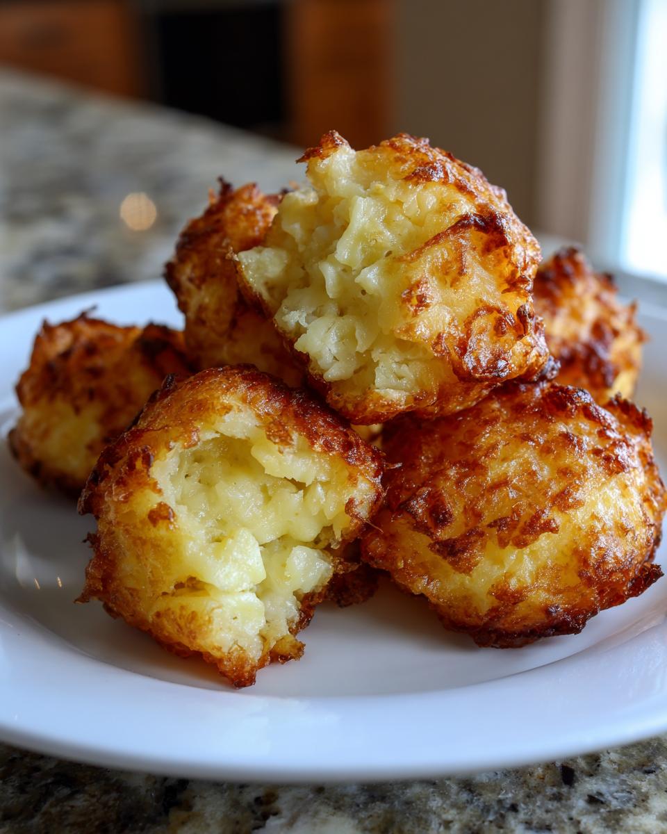A plate of golden brown Mashed Potato Puff Bites, one broken open to show the fluffy interior.