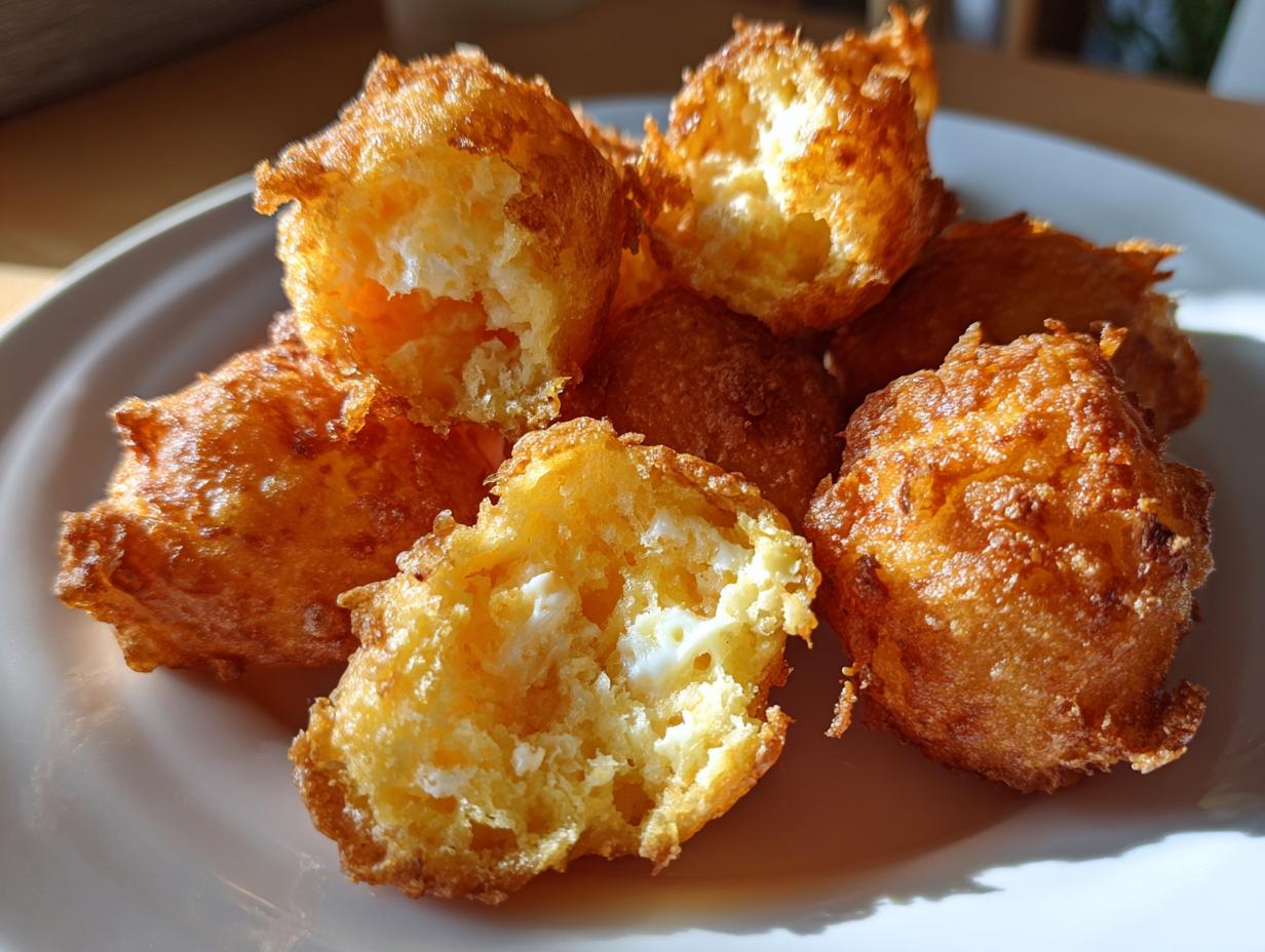 A plate of golden-brown Mashed Potato Puff Bites, some broken open to show the fluffy interior.