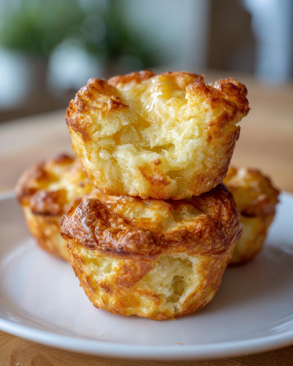 A stack of golden brown Mashed Potato Puff Bites on a white plate, showcasing their crispy exterior.