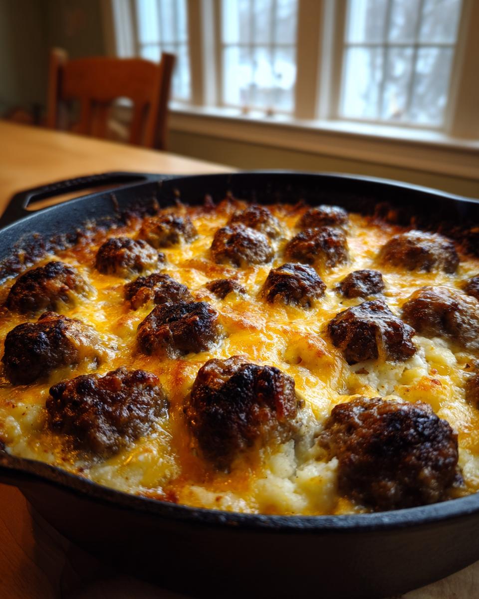 Close-up of a Meatball & Mashed Potato Bake in a cast iron skillet, topped with melted cheese.