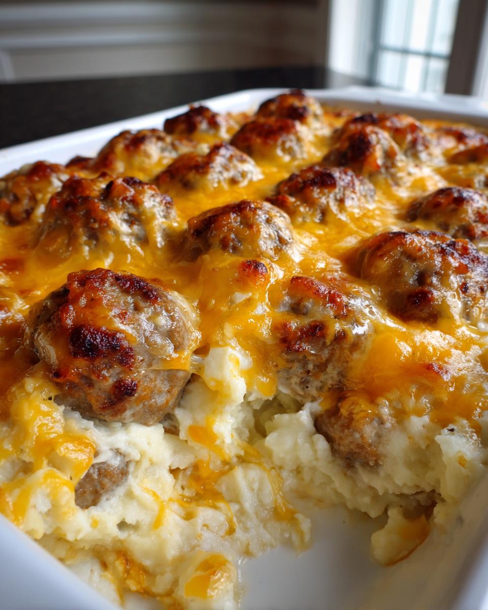 Delicious Meatball & Mashed Potato Bake in a white dish, topped with melted cheese.
