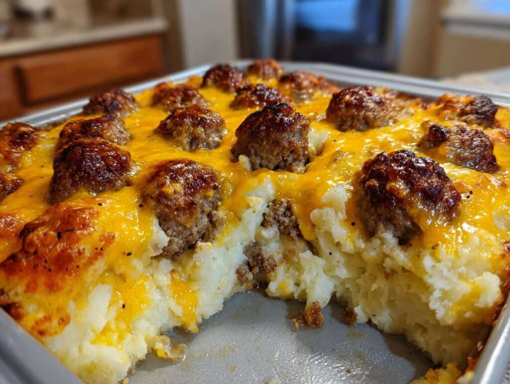 A delicious Meatball & Mashed Potato Bake with melted cheese, showcasing a portion cut out.