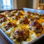 A pan of Meatball & Mashed Potato Bake, featuring golden-brown meatballs and creamy mashed potatoes.