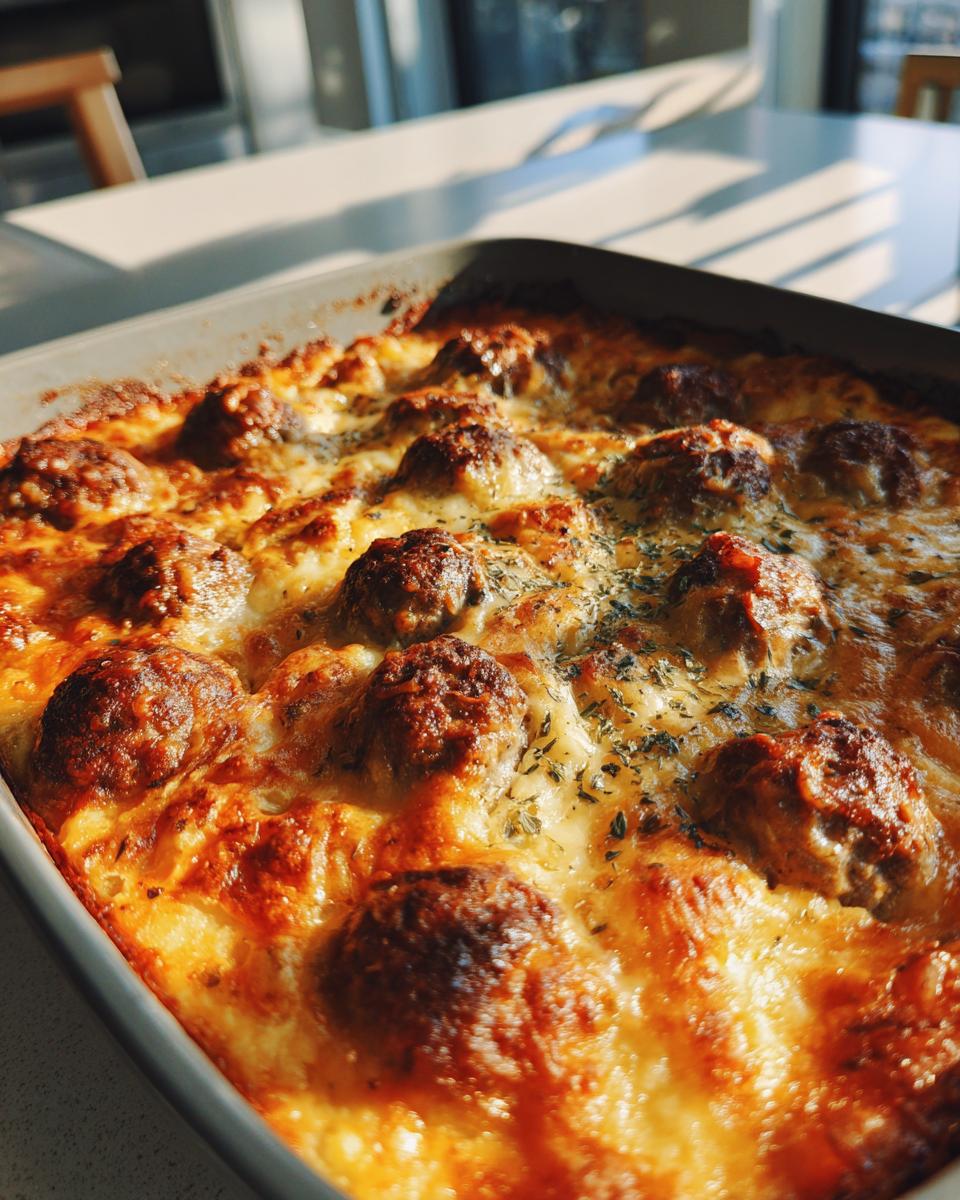 Golden Meatball & Mashed Potato Bake in a baking dish, ready to serve.