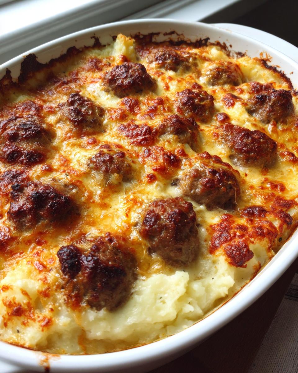 A delicious Meatball & Mashed Potato Bake with golden-brown meatballs and cheesy mashed potatoes in a white baking dish.