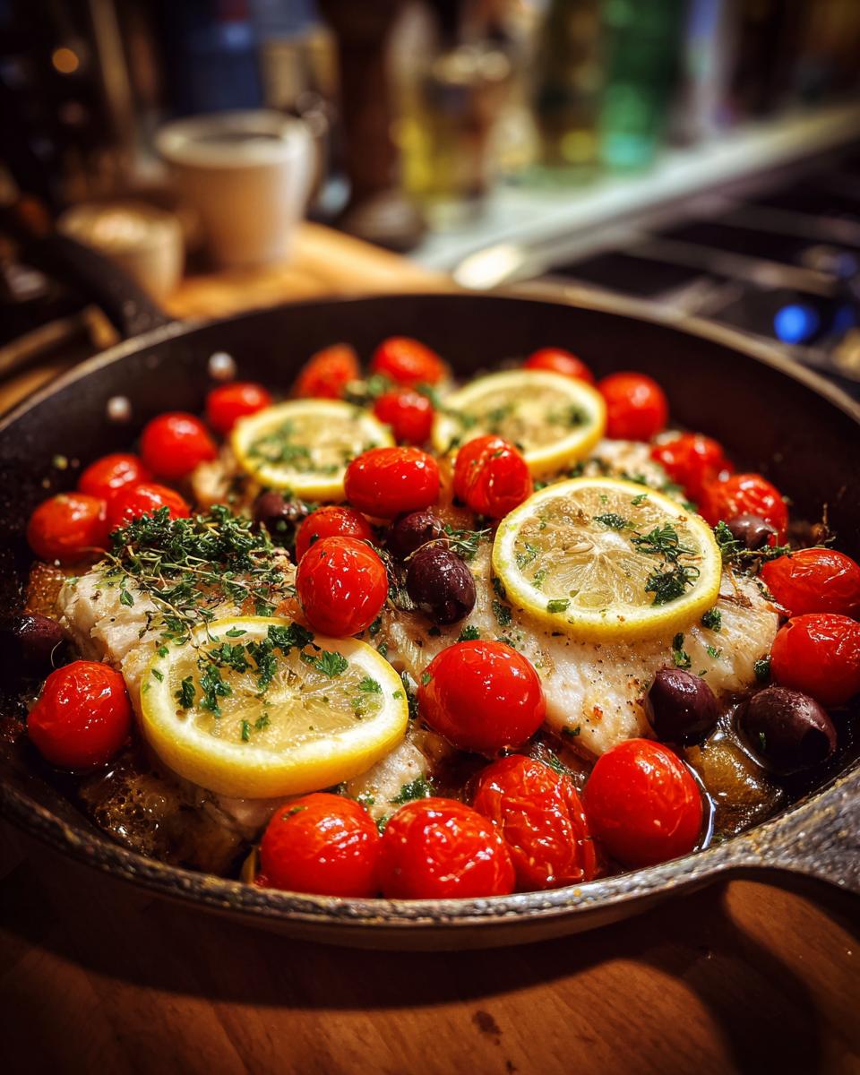 Close-up of Mediterranean Baked Fish in a pan, garnished with cherry tomatoes, lemon slices, olives, and herbs.