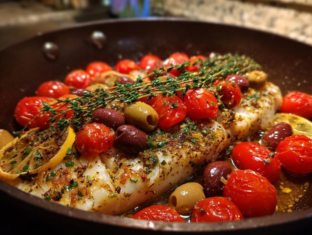 Close-up of Mediterranean Baked Fish with cherry tomatoes, olives, lemon, and herbs in a pan.