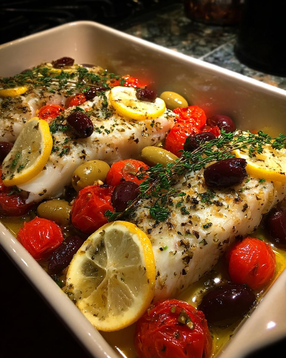 Close-up of Mediterranean Baked Fish with lemon slices, tomatoes, and olives in a baking dish.