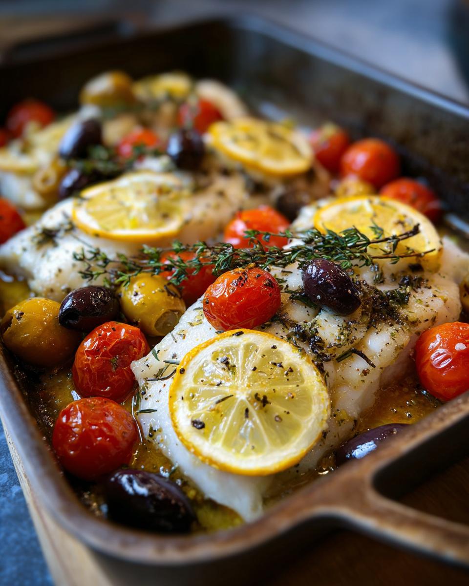 Close-up of Mediterranean Baked Fish with lemon slices, tomatoes, and olives in a baking pan.