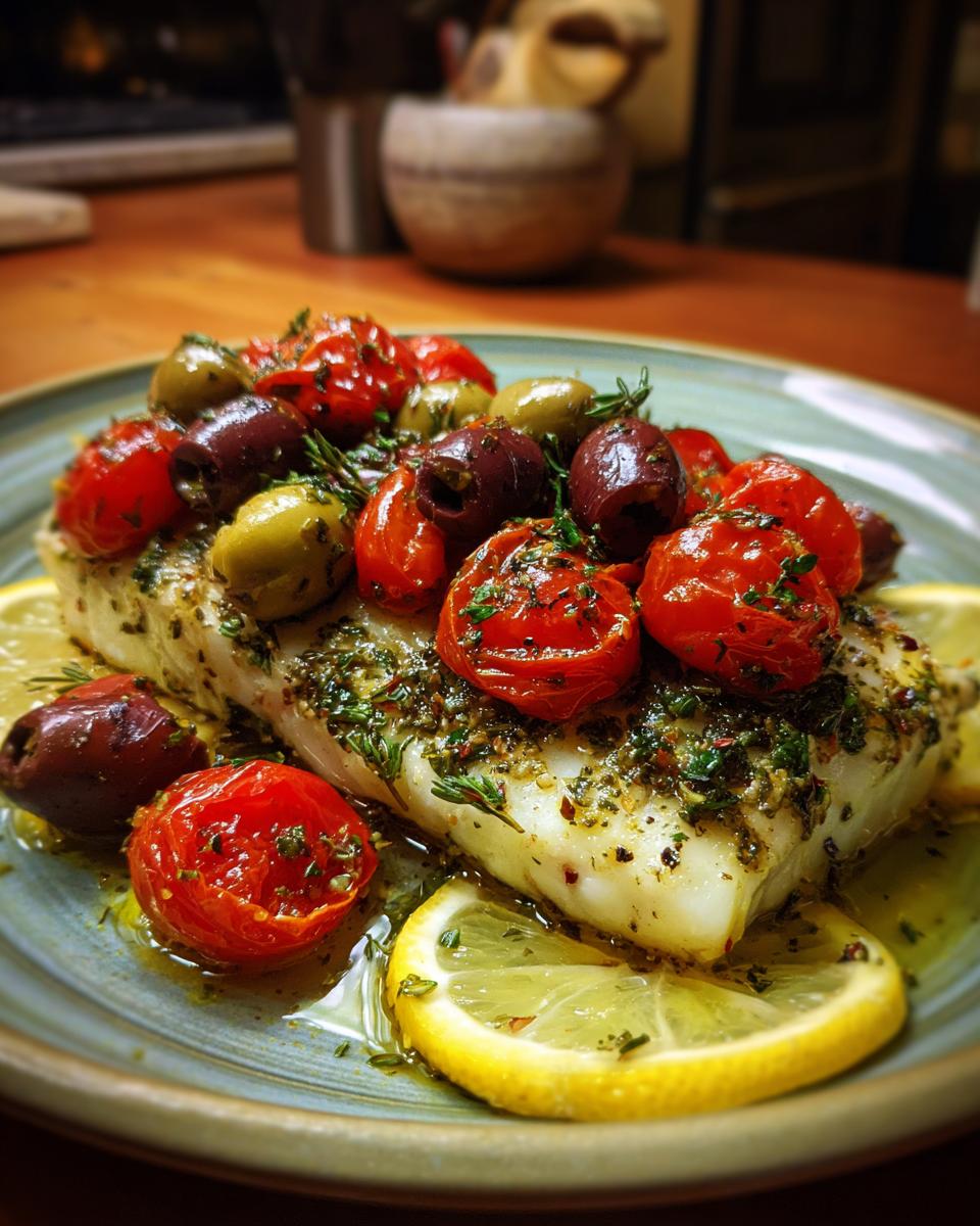 Close-up of Mediterranean Baked Fish topped with roasted tomatoes and olives, garnished with lemon slices.