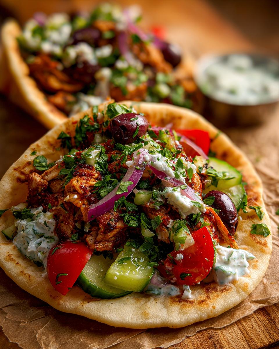 Close-up of a Mediterranean Chicken Gyros filled with chicken, vegetables, and tzatziki sauce.