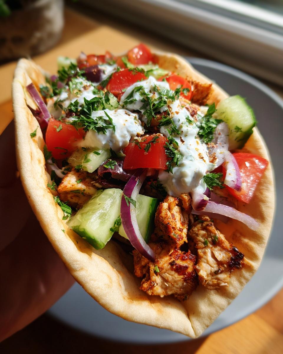 A close-up of Mediterranean Chicken Gyros filled with chicken, vegetables, and tzatziki sauce.