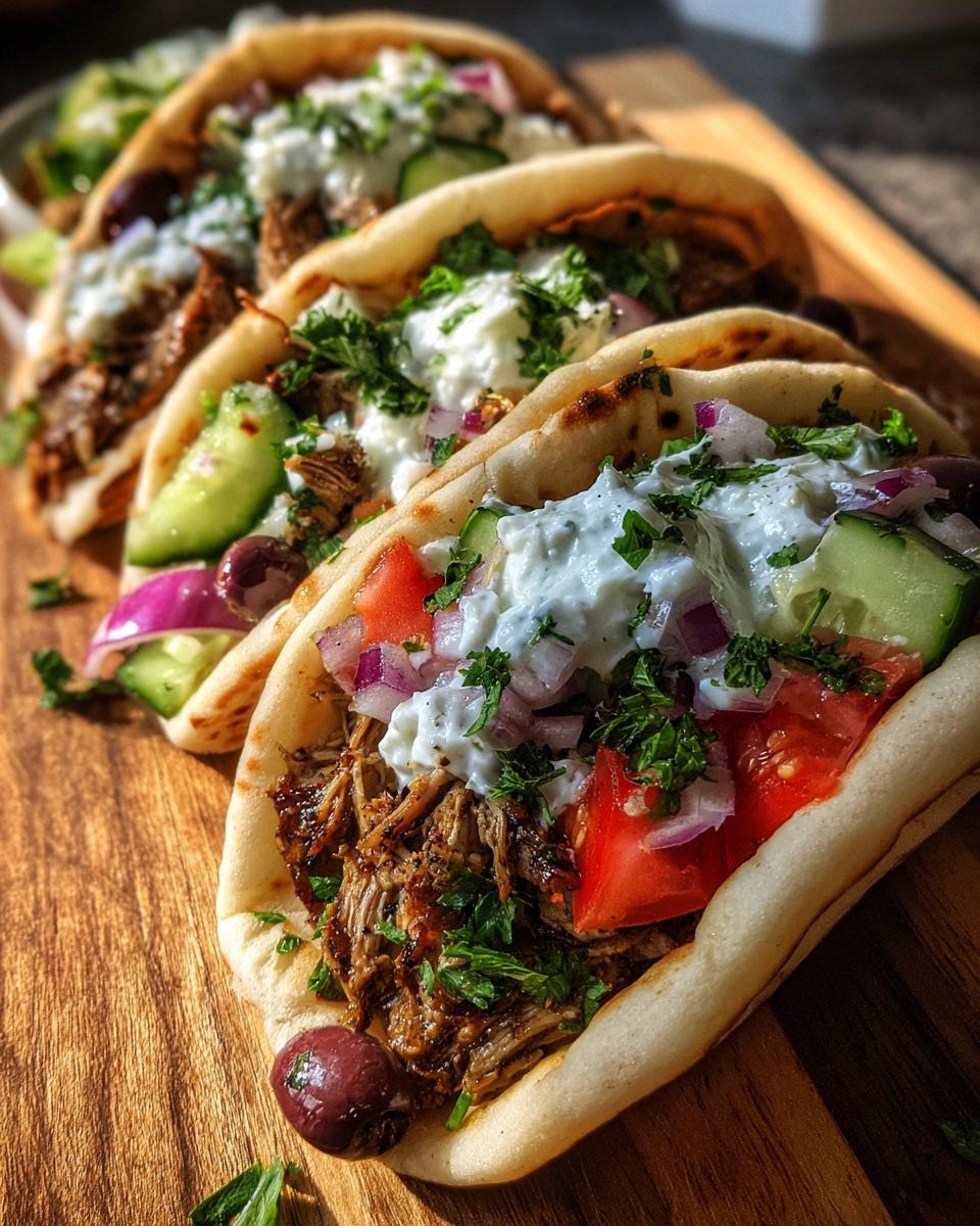 Close-up of Mediterranean Chicken Gyros on pita bread with tzatziki sauce, tomatoes, cucumbers, and red onions.
