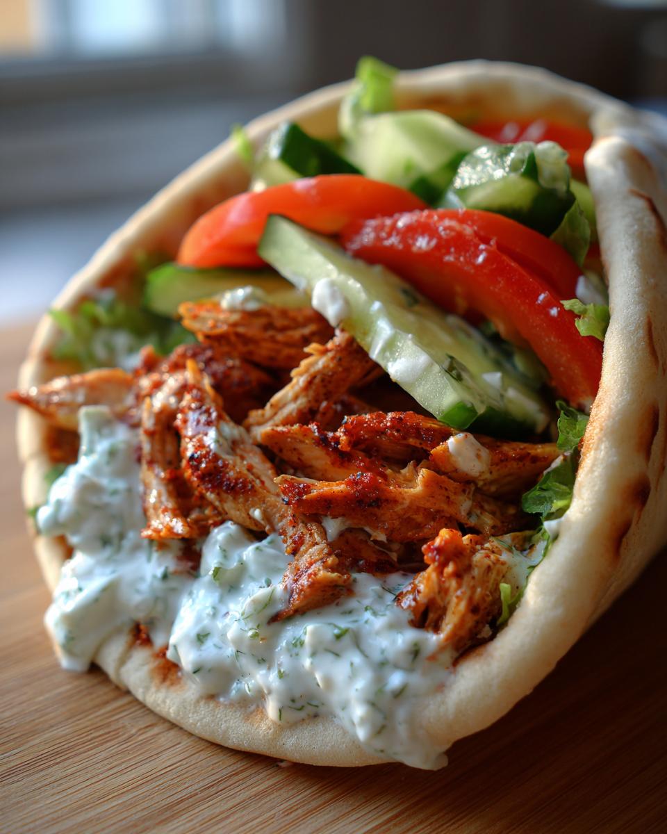Close-up of a Mediterranean Chicken Gyros with chicken, tzatziki sauce, tomatoes, and cucumbers in a pita.