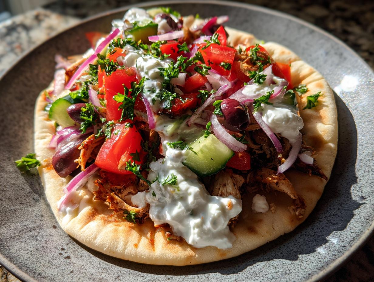A vibrant Mediterranean Chicken Gyros on pita bread, topped with fresh vegetables and tzatziki sauce.