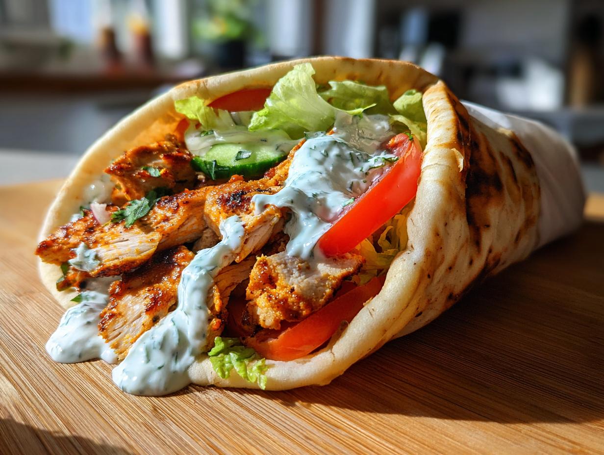 A close-up of a Mediterranean Chicken Gyros wrap filled with chicken, vegetables, and tzatziki sauce.