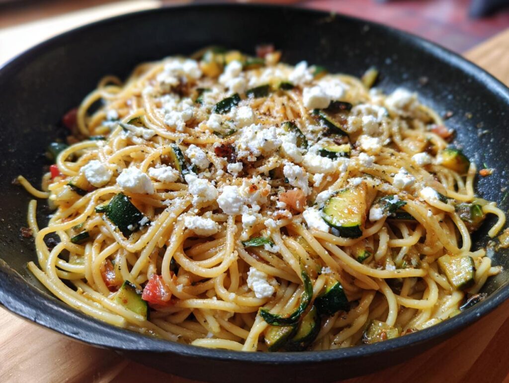 Close-up of Mediterranean One Pot Pasta in a black pan, topped with feta cheese and zucchini.