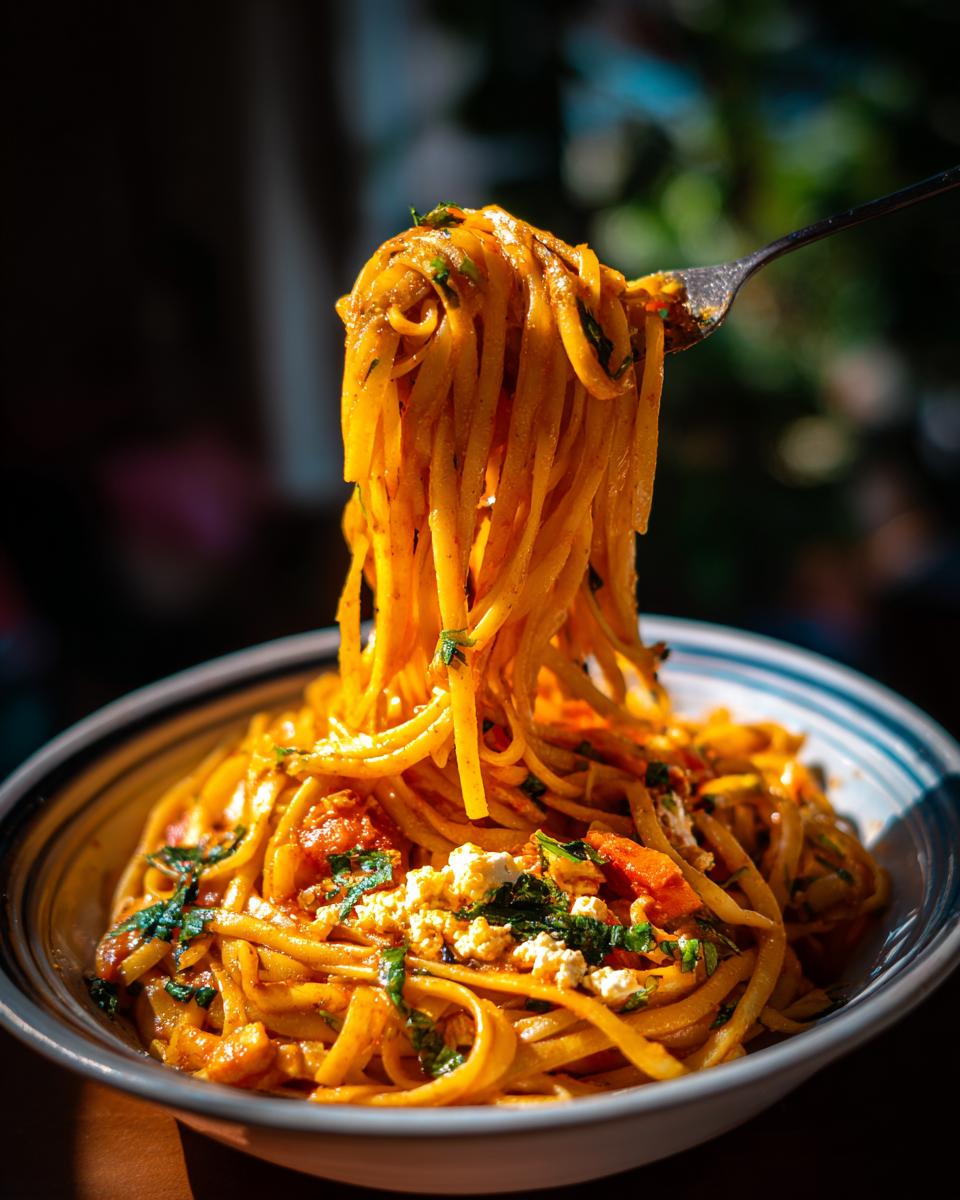 A fork lifts a portion of Mediterranean One Pot Pasta from a bowl, showing feta, tomatoes, and herbs.
