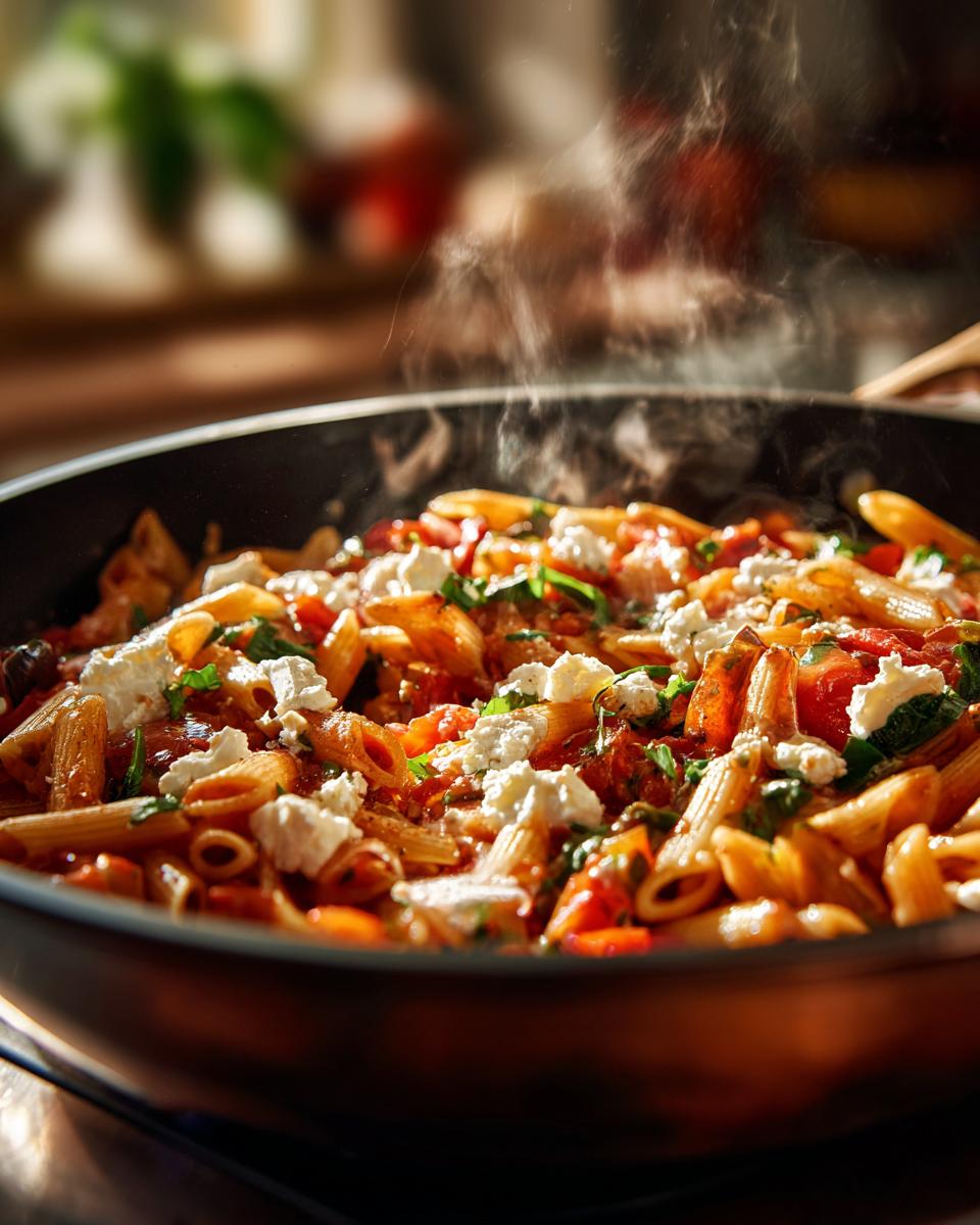 Steaming Mediterranean One Pot Pasta in a pan, topped with feta cheese and herbs.