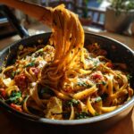 Close-up of Mediterranean One Pot Pasta with spinach, tomatoes, and feta in a pan, being lifted with a wooden spoon.